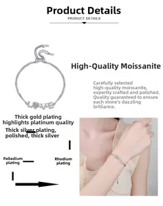 Détail du bracelet LOVE ajustable en argent avec Moissanite en forme de cœur et placage