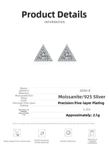 Detail view of triangular Moissanite stud earrings in S925 sterling silver with 1.0ct stone