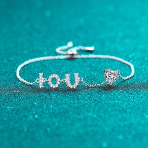 Bracelet Coeur en Argent Sterling 925 Moissanite Zirconia pour Femmes Ajustable Lettres YOU Bijoux Romantiques Cadeau