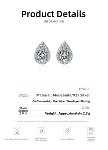 Detail specifications of S925 silver pear-cut moissanite earrings with 2.0ct main stone