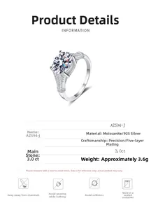 Detailed specifications of S925 sterling silver ring with a 3ct moissanite stone