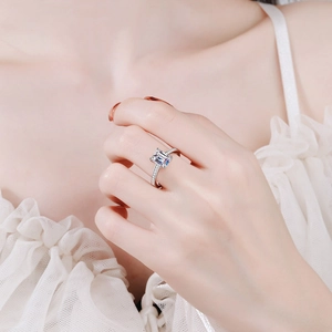 Classic S925 silver ring with radiant emerald cut moissanite and pave diamond setting