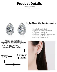 Detailed view of pear-cut moissanite earrings with premium multi-layer plating finish