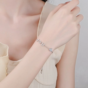 Bracelet ajustable en argent S925 avec lettres YOU et pierre de moissanite en forme de cœur