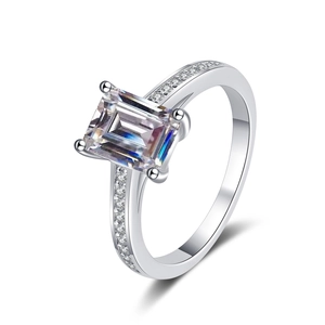 Radiant cut moissanite ring in S925 sterling silver with side stones and 45-degree view
