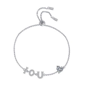 Bracelet réglable en argent 925 moissanite avec lettres IOU et pierre de cœur