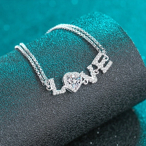 Élégant bracelet LOVE en argent 925 avec moissanite en forme de cœur et double chaîne