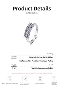 Detail view of 925 silver ring with 2.5ct emerald cut moissanite and technical specs