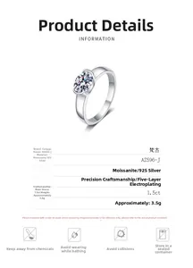 Detailed specs of 1.5ct moissanite ring with 925 silver band and classic claw setting