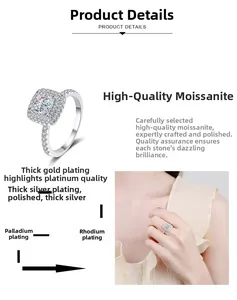 Détail de la bague moissanite halo carré avec placage multicouche en rhodium et palladium
