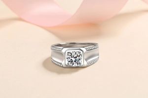 Macro shot of 925 sterling silver ring featuring a Moissanite center stone and pave accents