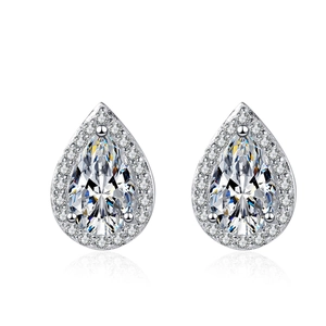 Classic pear-cut moissanite halo stud earrings in S925 sterling silver with teardrop shape