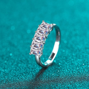 Elegant S925 sterling silver ring with five emerald-cut Moissanite stones in prong setting
