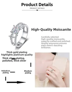 Dettaglio dell'anello con moissanite a taglio princess e strati di placcatura S925