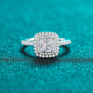 Bague Moissanite Taille Princesse de Luxe Argent Sterling 925 Carré Zirconia Halo Bague pour Femme Mariage Bijoux