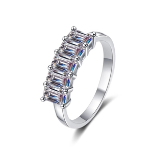 S925 sterling silver ring with five emerald-cut rectangular moissanite stones in a row