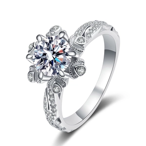 Bague Moissanite Fleur en Argent Sterling 925 pour Femme Zirconia 1 Carat Vintage Luxueux Bijoux Doigt Sculpture Ajourée