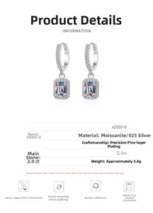 Detailed specs of 925 silver radiant cut moissanite earrings with material information