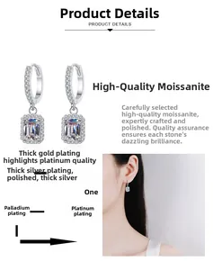 Detail of radiant cut moissanite drop earrings featuring multi-layer rhodium plating