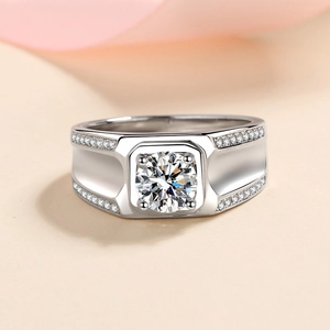 Men's S925 sterling silver ring with large round moissanite center stone and side diamonds