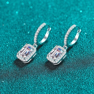 S925 sterling silver emerald-cut halo earrings with brilliant moissanite stones