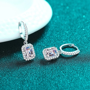 S925 silver halo earrings with emerald-cut moissanite and pave stones in huggie style