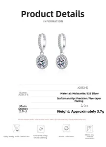 Detailed specs of S925 silver oval moissanite drop earrings with 2.0ct main stones