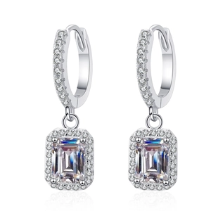 Elegant S925 sterling silver drop earrings with emerald cut moissanite stones and huggie hoops