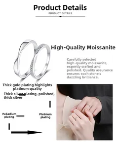 Detail of S925 silver moissanite couple rings showing multi-layer plating craftsmanship