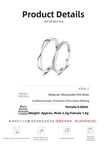 Detailed specs of S925 silver moissanite couple rings with twisted band and pavé setting