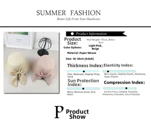 Detailed size specifications for a paper straw sun hat with measurements and bow detail