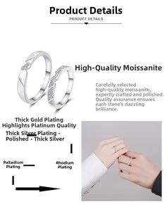Detail view of S925 silver couple rings featuring moissanite and geometric faceted design