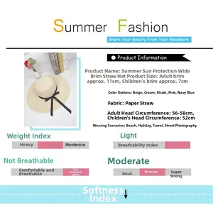 Detailed size chart for summer straw hats showing dimensions for adults and children