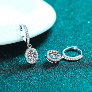 Elegant S925 sterling silver oval moissanite halo drop earrings with sparkling pavé hoops