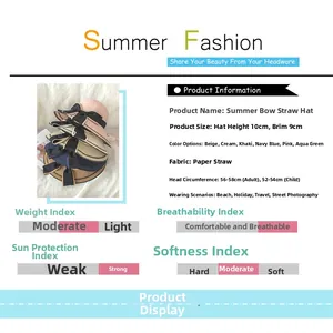 Detailed view of sun hat sizes for adults and children with breathable straw material
