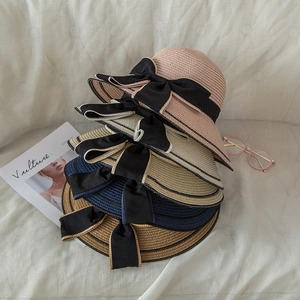 Women's Wide Brim Straw Hat Elegant Large Bow Ribbon Summer Beach Sun Hat Foldable Woven Papyrus Sun Protection Travel Vacation Cap