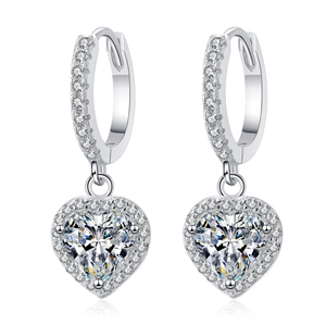 S925 sterling silver hoop earrings featuring a heart-shaped moissanite halo pendant