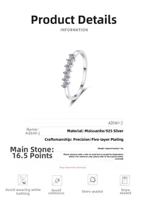 Detail view of S925 sterling silver moissanite ring with detailed product specifications