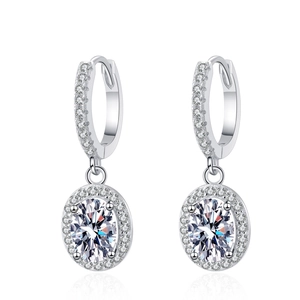 Elegant 925 sterling silver hoop earrings with oval moissanite halo drop pendants