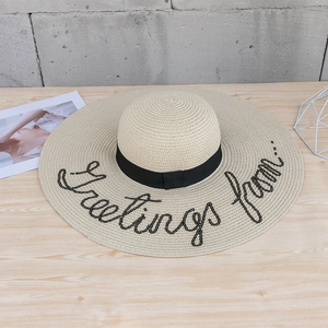 Chapeau en Paille de Papier Pliable à Large Bord Femmes Été Plage Protection Solaire Broderie de Lettres Vacances Ruban