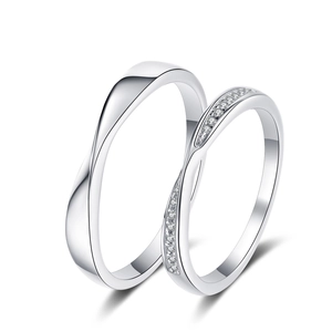 Polished S925 sterling silver couple rings set featuring a twisted rope design with pavé accents