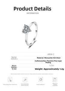 Detailed spec sheet showing 0.5ct heart-cut moissanite ring with 925 silver plating