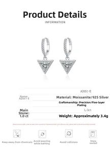 Detailed specs of S925 silver triangle moissanite earrings with 1.0ct stone features