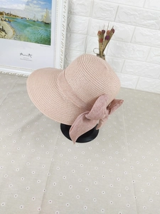Close-up of pink straw hat with fine weave texture and elegant large silk bow detail