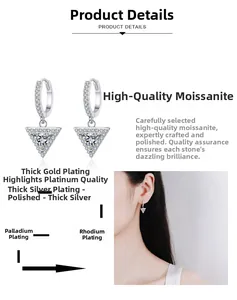 Macro detail of triangle moissanite earrings showing multi-layer rhodium plating finish