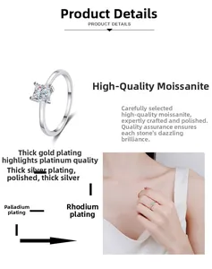 Detail view of square princess cut moissanite ring with multi-layer rhodium plating