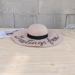 Détail d'un chapeau de paille rose avec ruban noir et broderie sur le bord large de plage