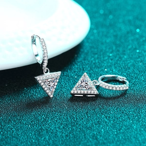 S925 sterling silver triangle drop earrings with moissanite zircon on teal glitter