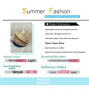 Detail showing straw sun hat dimensions with 9cm height and 7cm brim width measurements