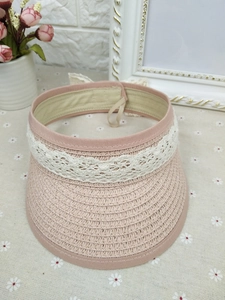 Detailed view of kids straw sun visor with lace bow and adjustable elastic strap